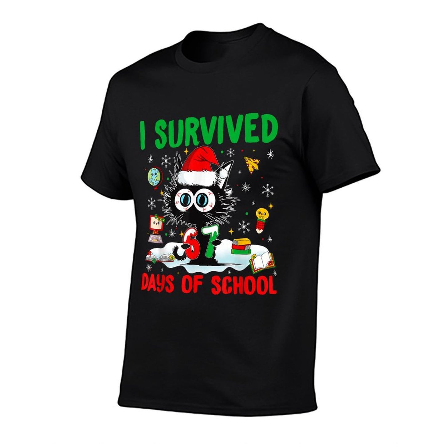 Funny Black Cat Christmas I Survived 67 Days of School  High-quality Stitching T-Shirt