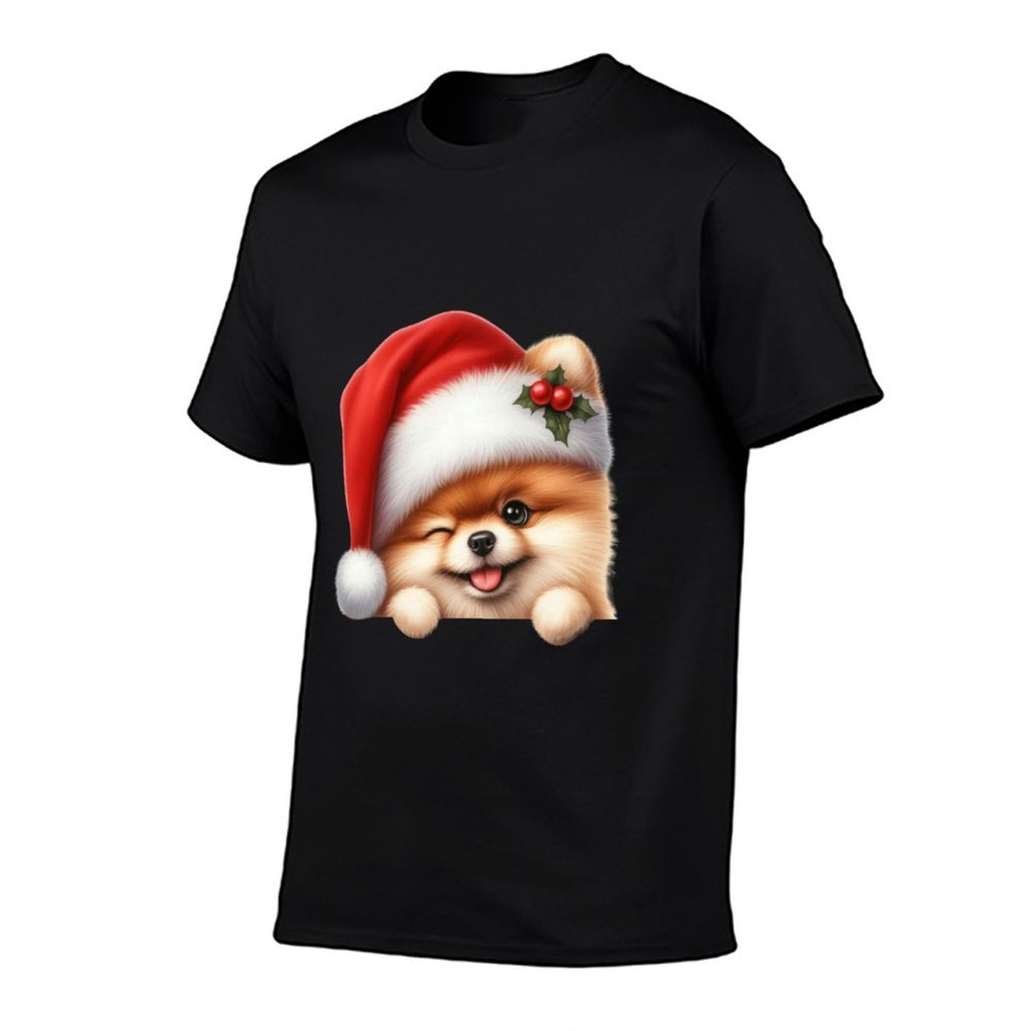 Pomeranian Dog Christmas Santa Hat Dog Mom Dad Pom Pom  Easy-care T-Shirt