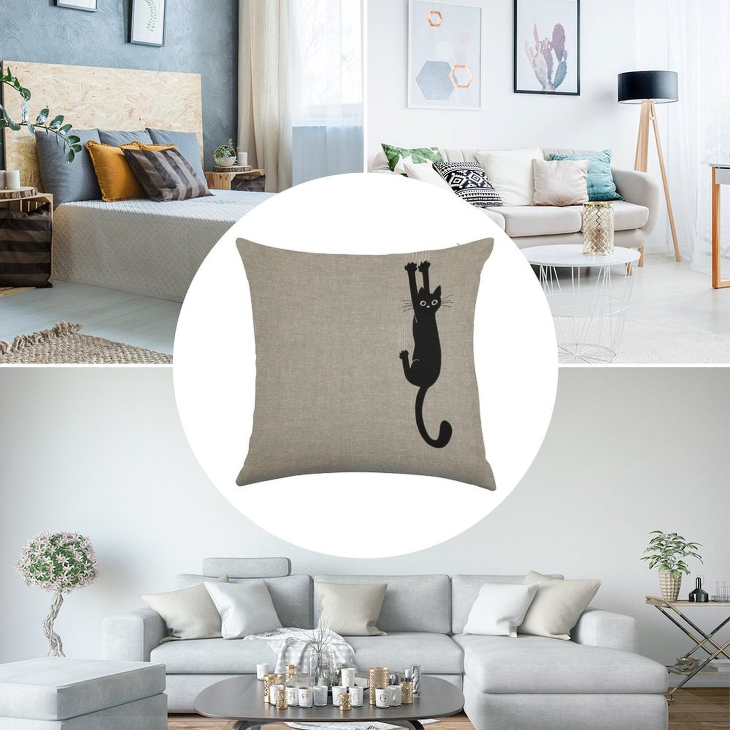 Black Cat Holding On Linen Throw Pillow Cover