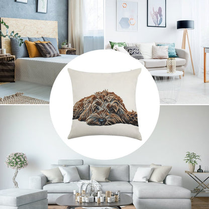 ChocolateBrown Cockapoo - White Background Linen Throw Pillow Cover