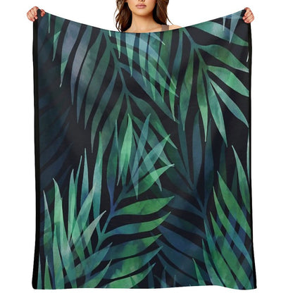 Dark Green Palms Leaves Pattern Throw Blanket
