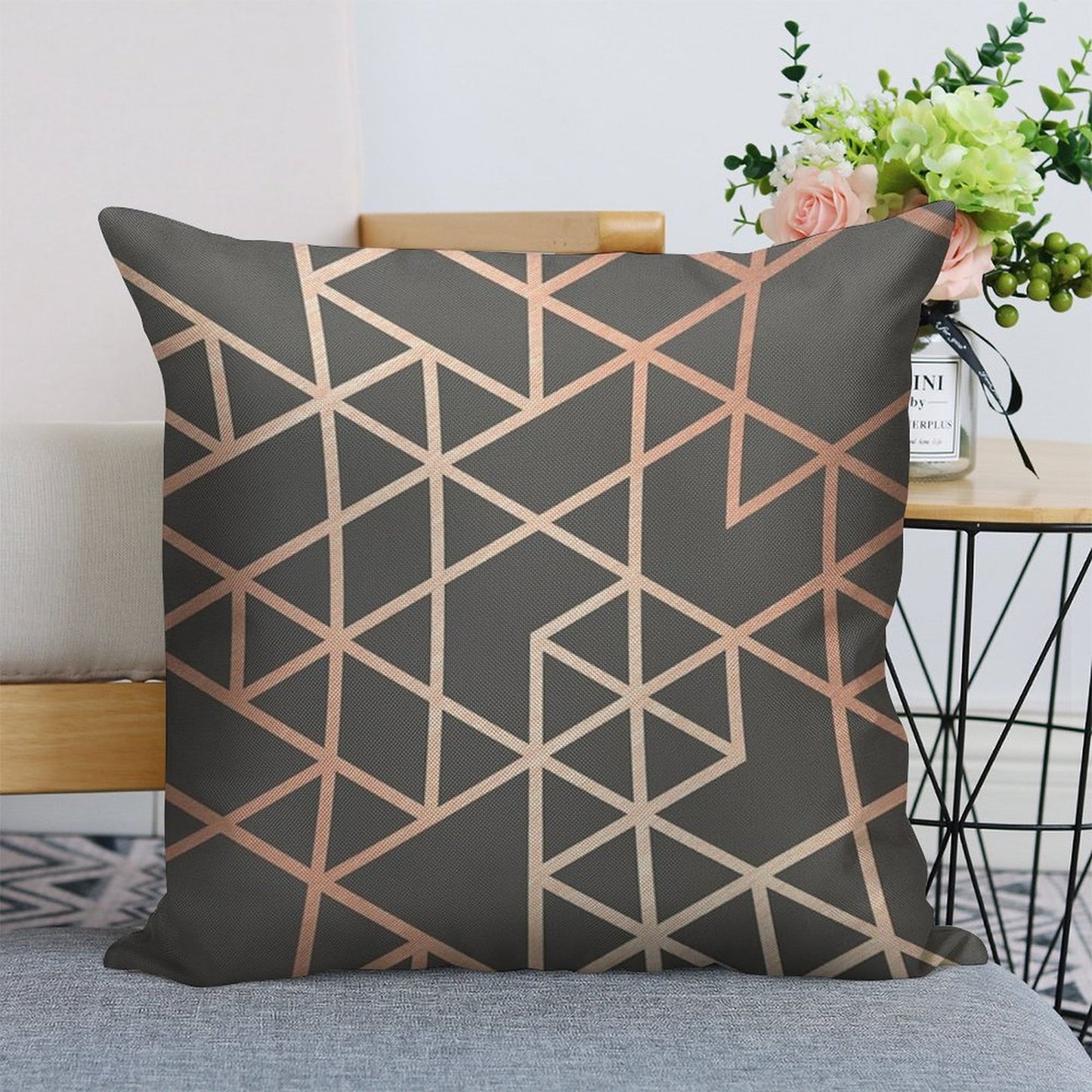 Rose Gold And Gray Geometric Pattern Linen Throw Pillow Cover