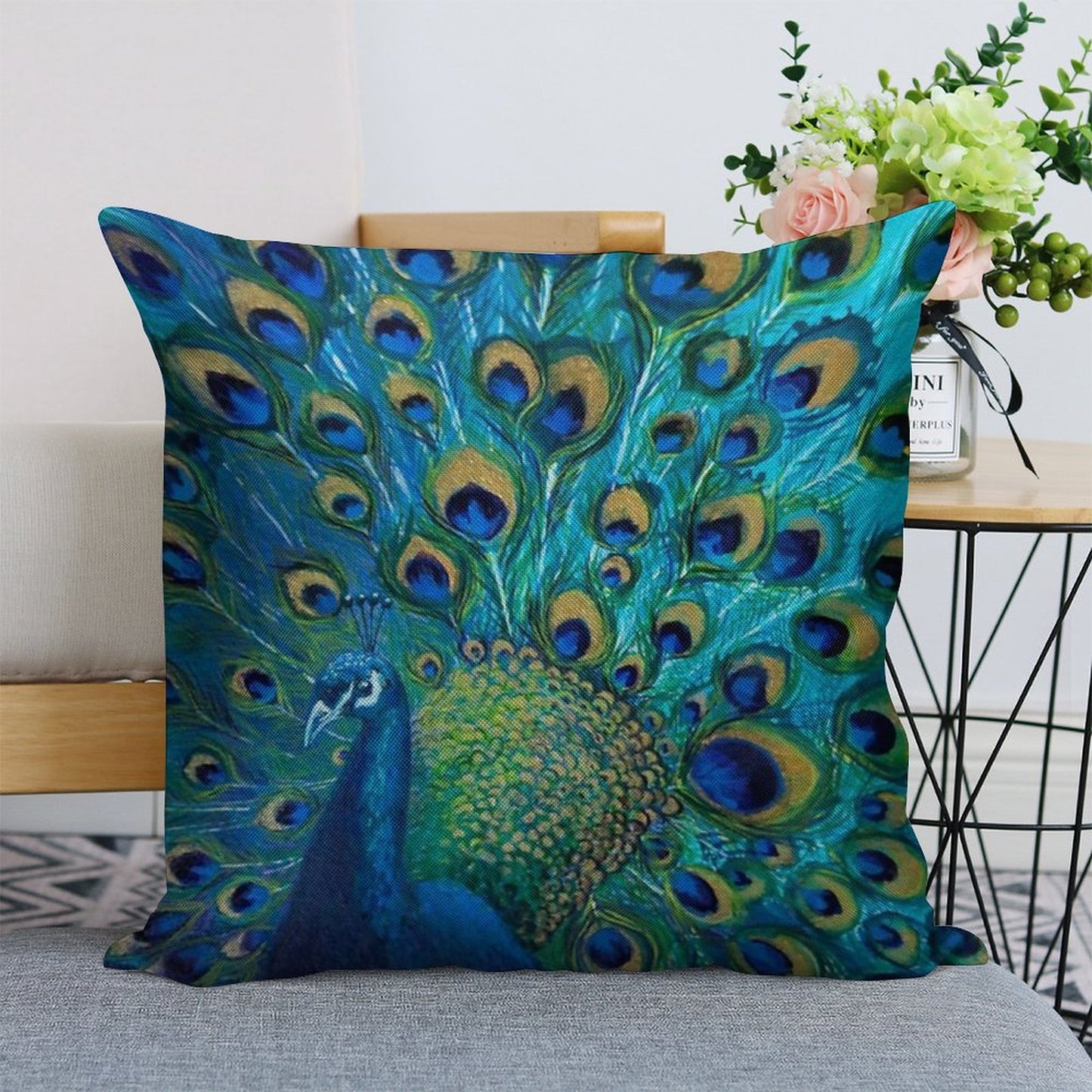 Peacock Full Glory 2 Linen Throw Pillow Cover