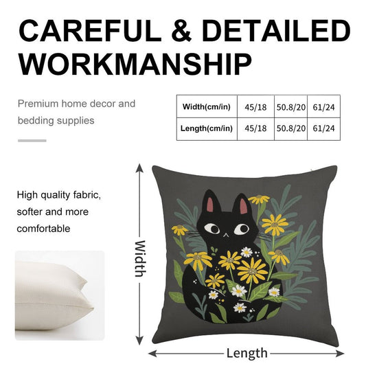 Black Cat with Flowers Linen Throw Pillow Cover