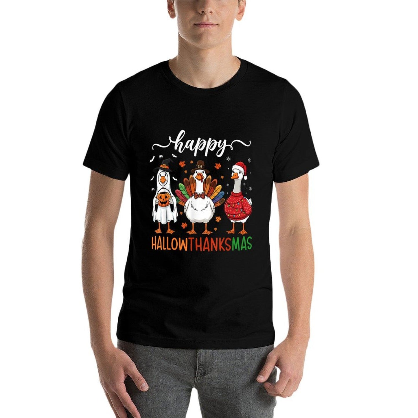 Happy Hallothanksmas Goose Halloween Thanksgiving Christmas  Lightweight T-Shirt