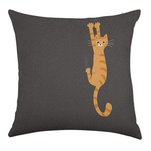 Orange Tabby Cat Hanging On  Funny Striped Cat Linen Throw Pillow Cover
