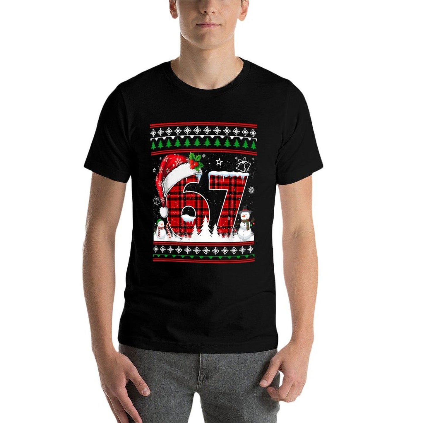 Funny 67 Six Seven Meme Ugly Sweater Christmas Pajamas  Cotton T-Shirt