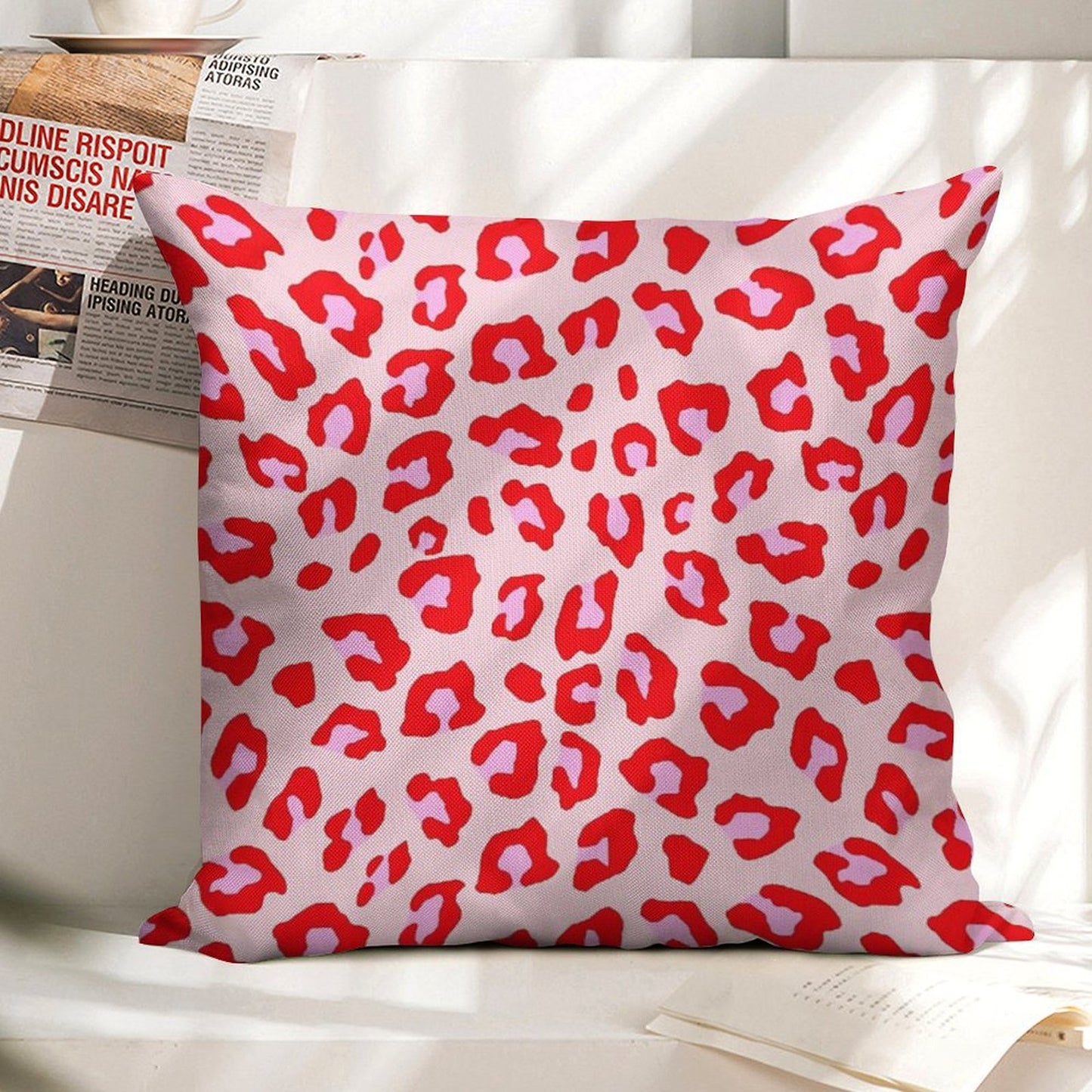Leopard Print - Red And Pink Original Linen Throw Pillow Cover