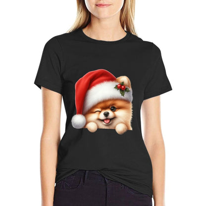 Pomeranian Dog Christmas Santa Hat Dog Mom Dad Pom Pom  Easy-care T-Shirt
