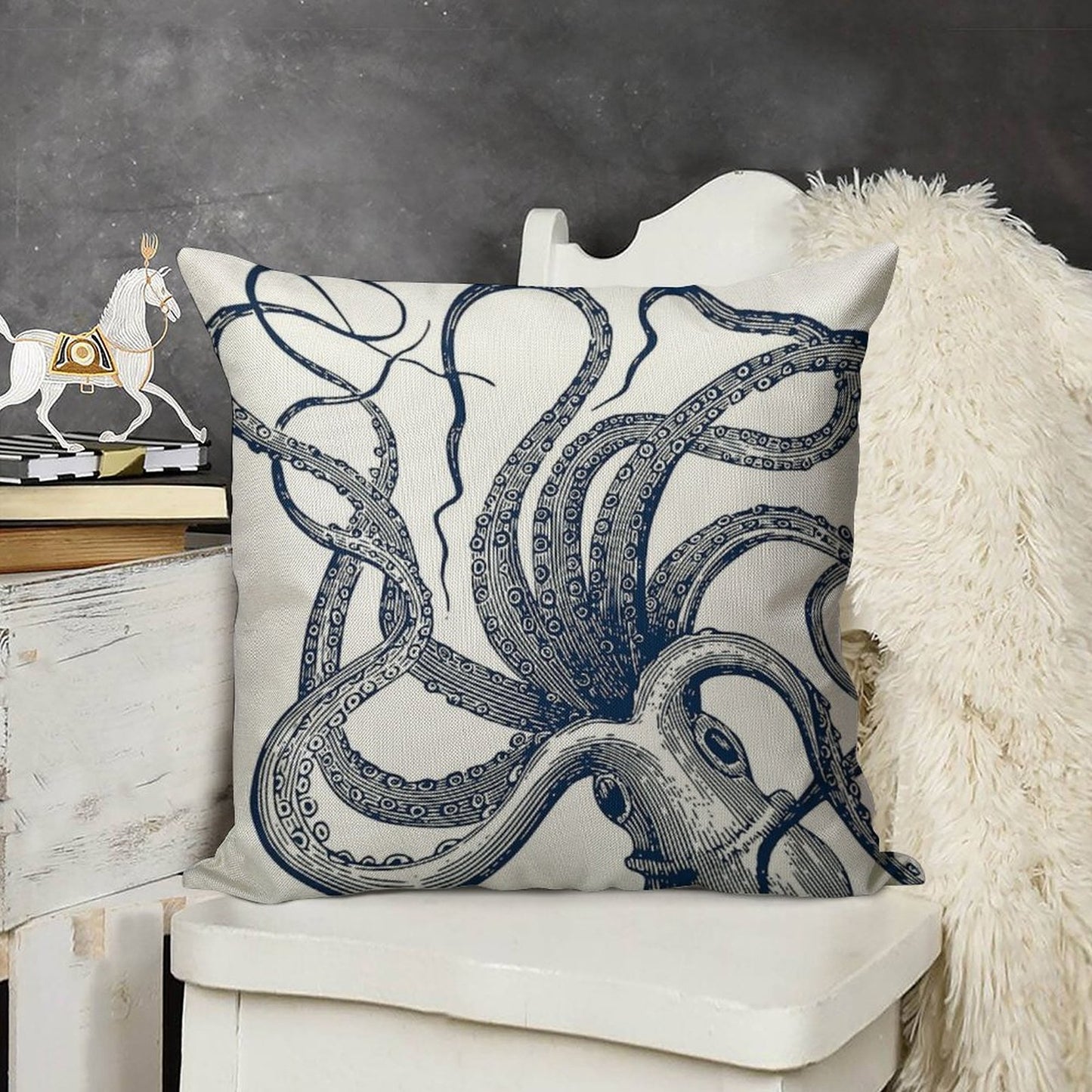Navy Octopus Linen Throw Pillow Cover