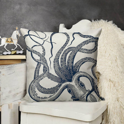 Navy Octopus Linen Throw Pillow Cover