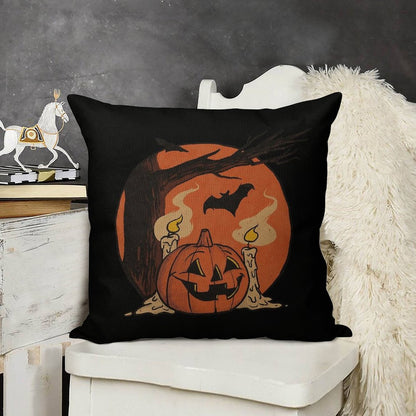 Vintage Pumpkin Scene Halloween Linen Throw Pillow Cover