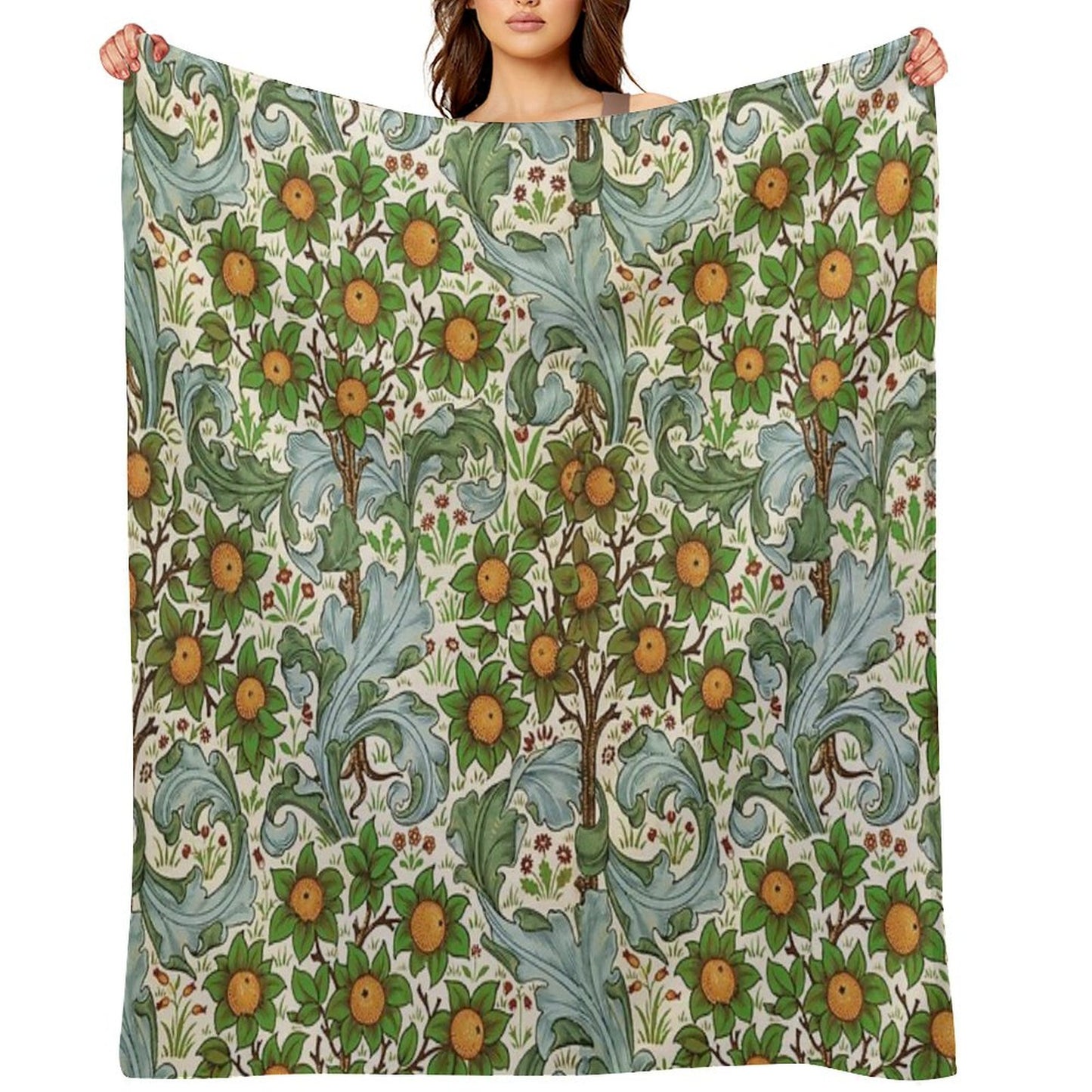 ORANGE TREE WITH BLUE GREEN LEAVES ,FLOWERS Soft Floral Art Nouveau Pattern Throw Blanket