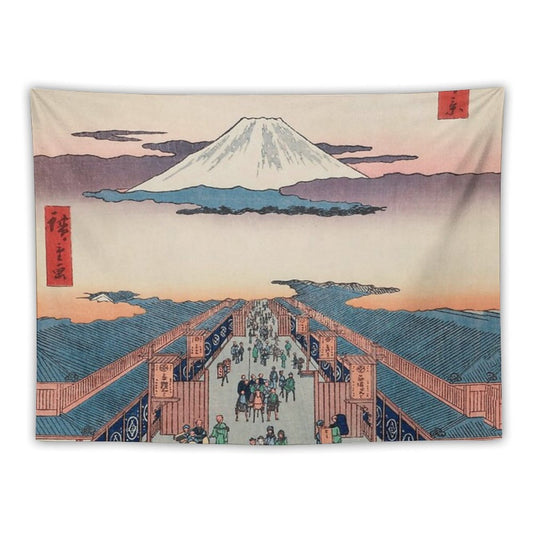 Mount Fuji Above Ancient Street Ukiyo-e Japanese Art Tapestry