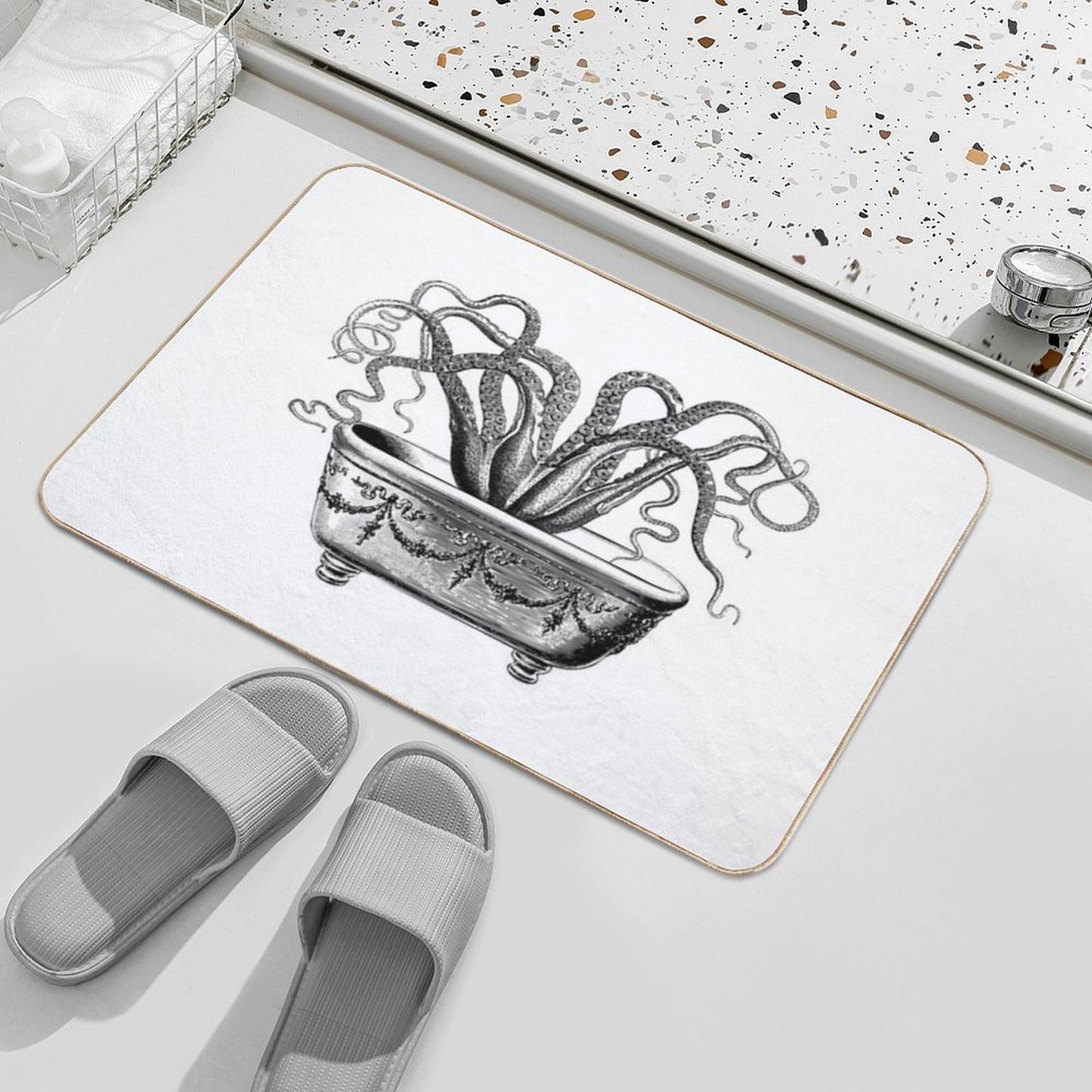Tentacles in The Tub  Octopus in Bath  Vintage Octopus  Black And White Bath Mat