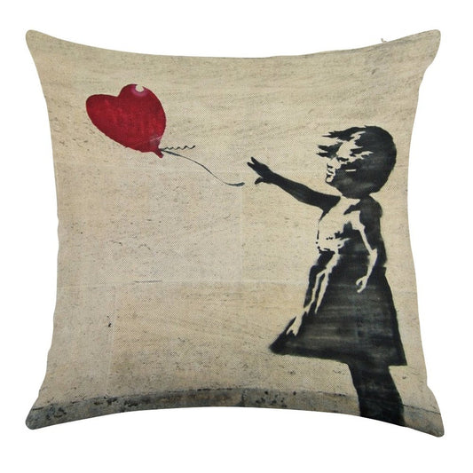 Banksy's Girl with A Red Balloon III Linen Throw Pillow Cover
