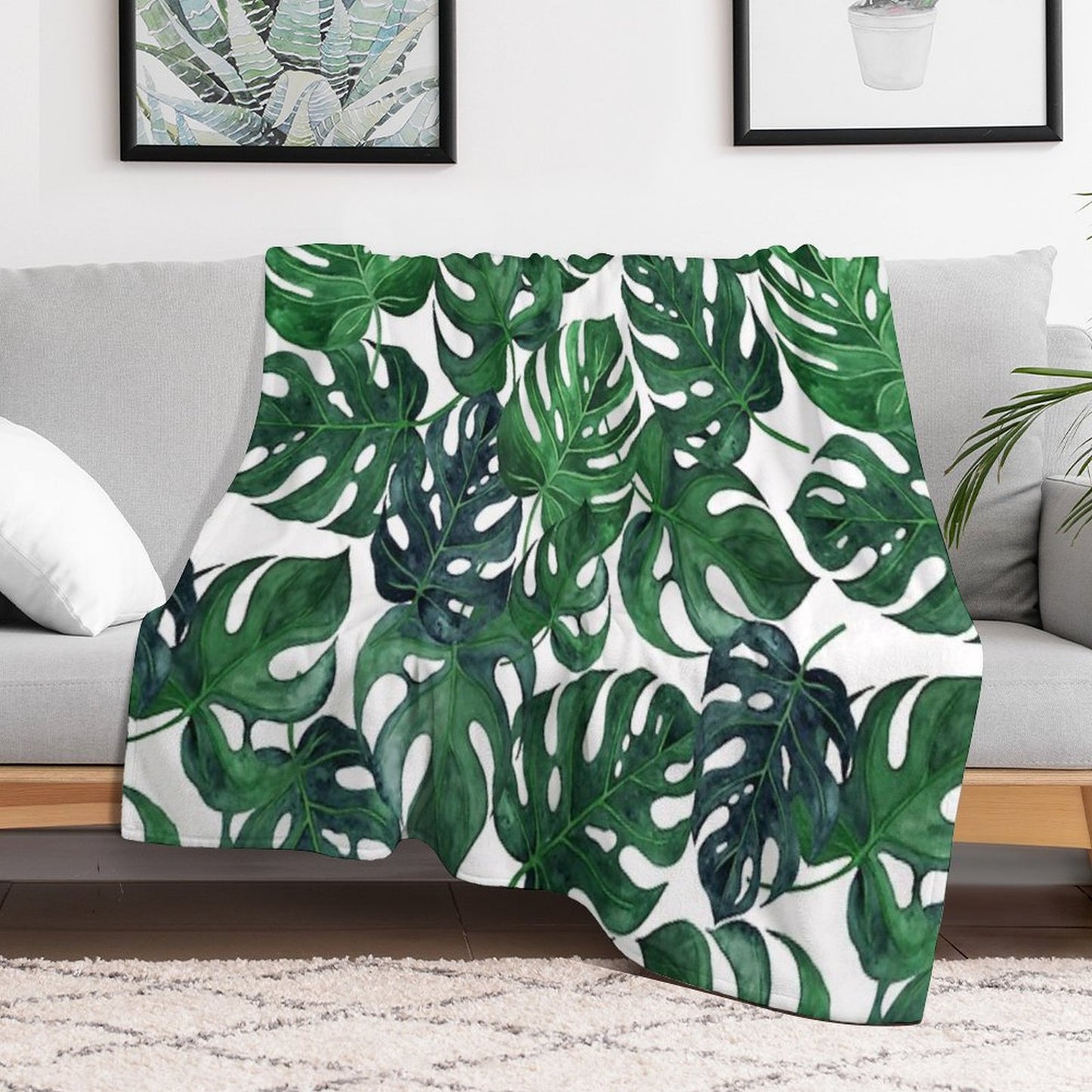 Tropical Monstera Leaves - Dark Emerald Green Throw Blanket