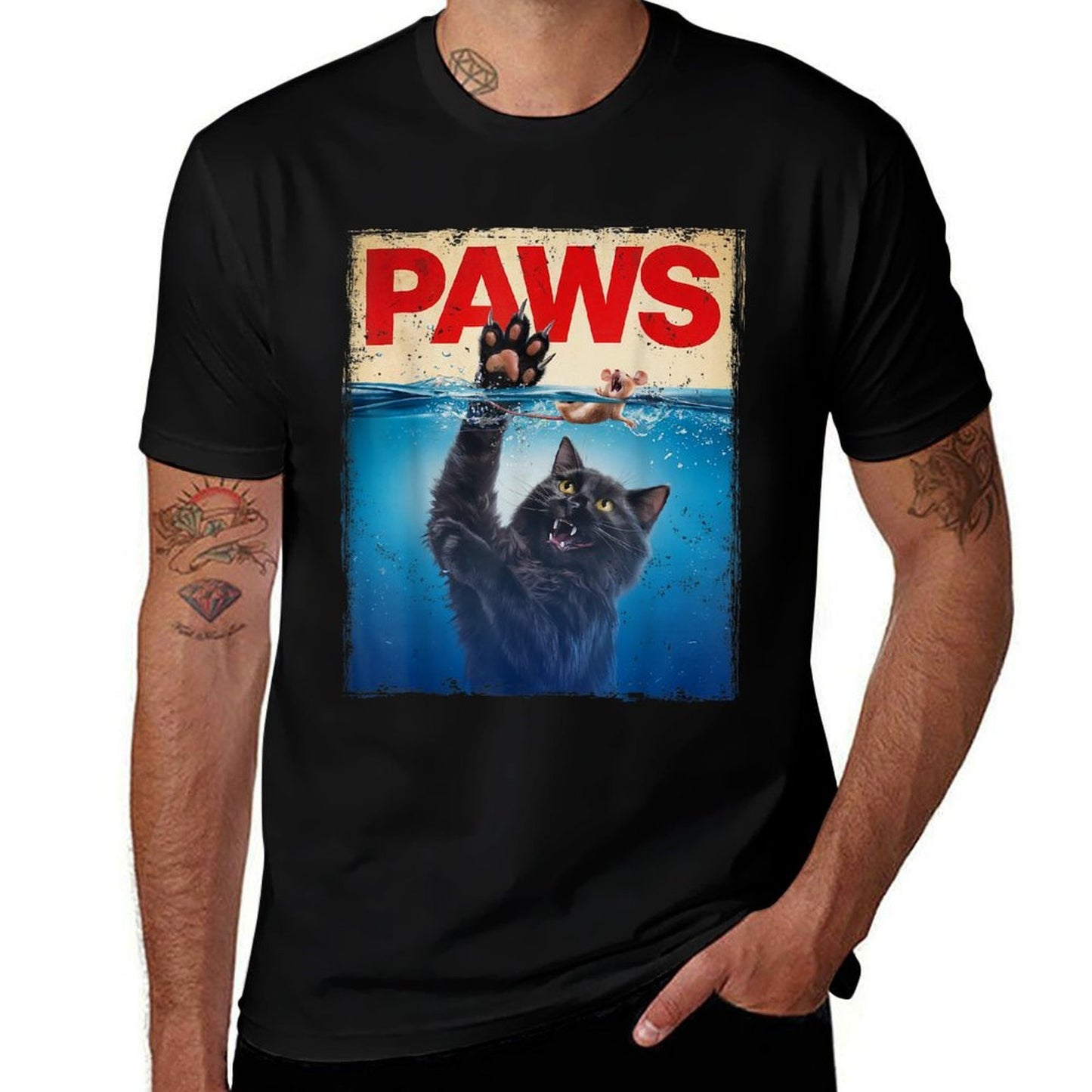 Paws Parody Black Cat Chasing A Cute Scared Mouse Top Kitten  Rolled Sleeves T-Shirt