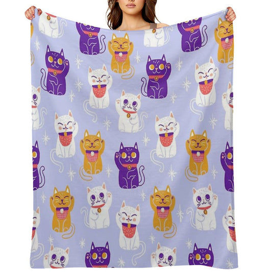 Lucky Kitty Cats Maneki-Neko Waving Beckoning Cat Throw Blanket