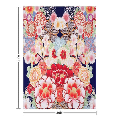 ANTIQUE JAPANESE FLOWERS Pink White Wild Roses Kimono Style Floral Throw Blanket