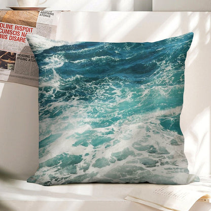 Blue Ocean Waves Linen Throw Pillow Cover