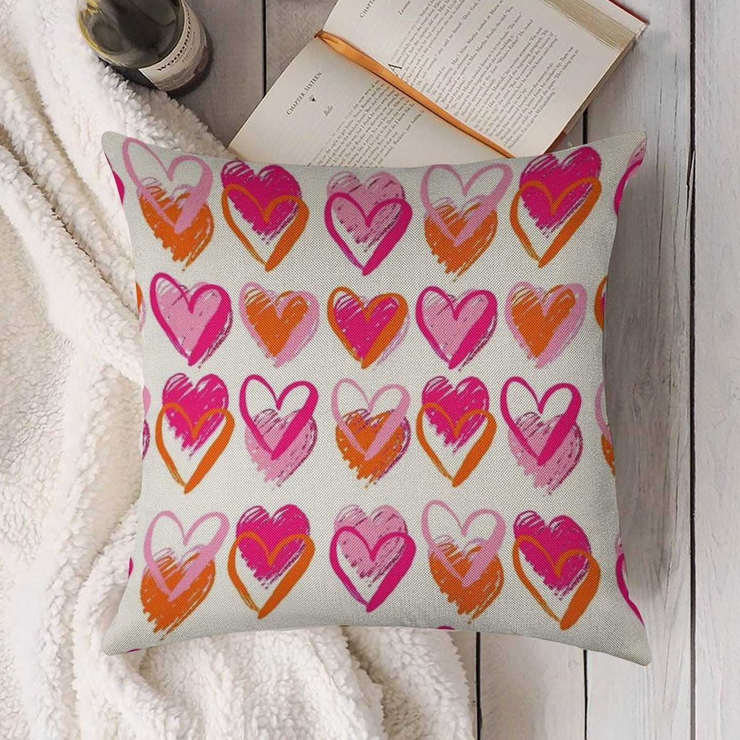 Pink And Orange Hearts Linen Throw Pillow Cover