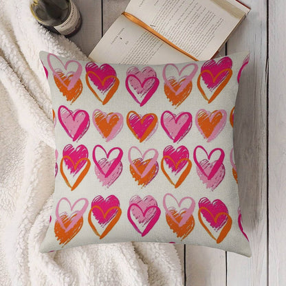 Pink And Orange Hearts Linen Throw Pillow Cover