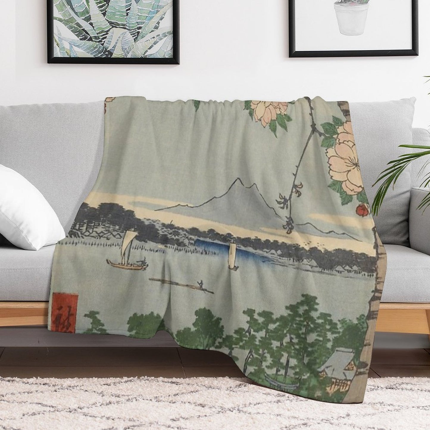 Cherry Blossoms on Spring River Ukiyo-e Japanese Art Throw Blanket