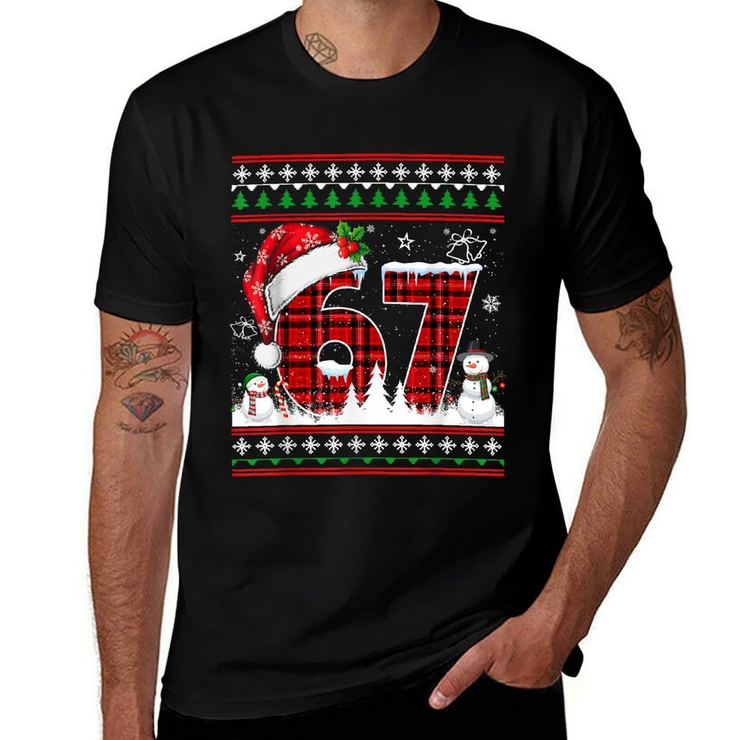 Funny 67 Six Seven Meme Ugly Sweater Christmas Pajamas  Cotton T-Shirt