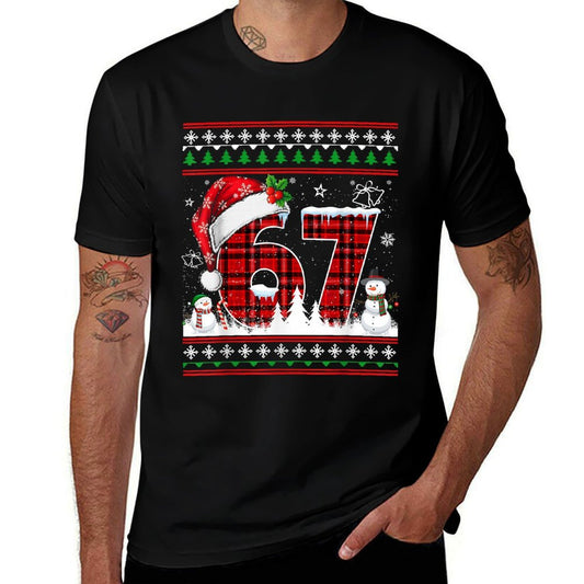 Funny 67 Six Seven Meme Ugly Sweater Christmas Pajamas  Cotton T-Shirt