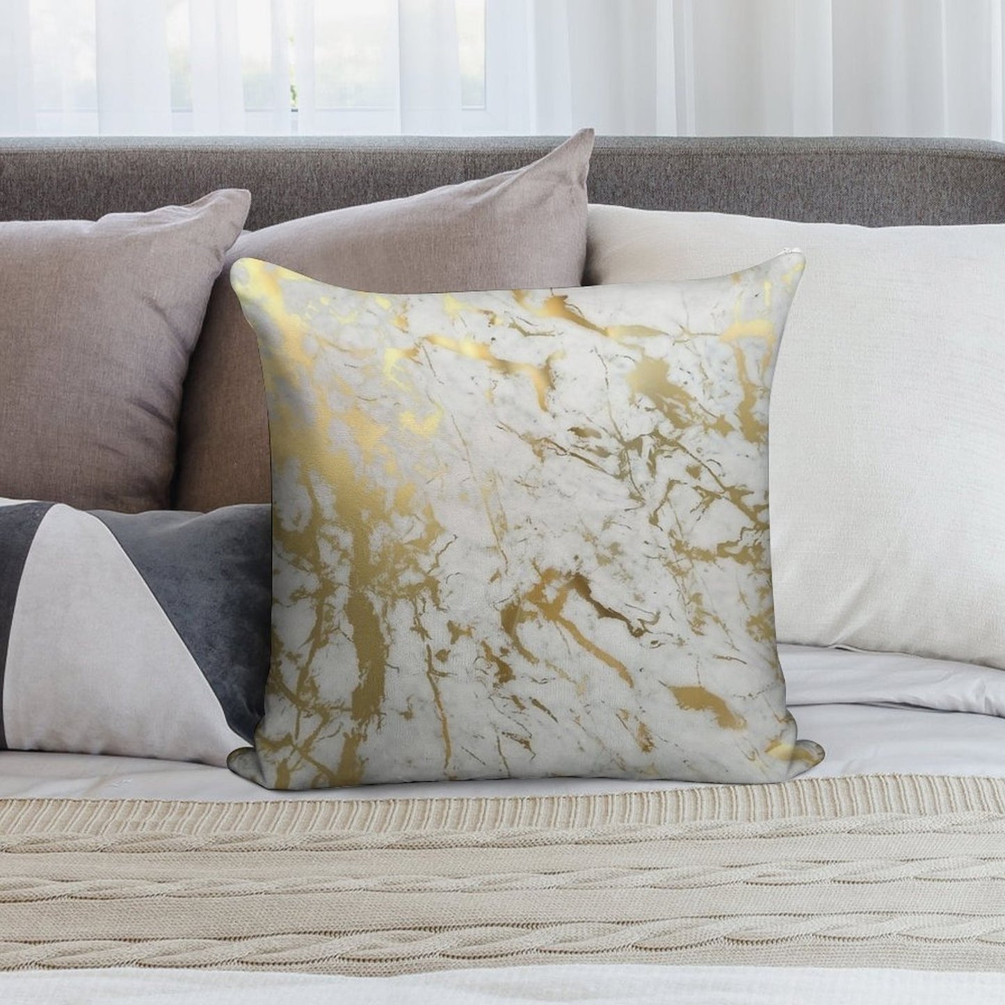 Gold Marble on White (original Height Quality Print) Soft Skin-Friendly Throw Pillow