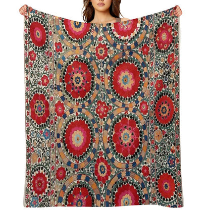Karabag Suzani Uzbekistan Embroidery Print Throw Blanket