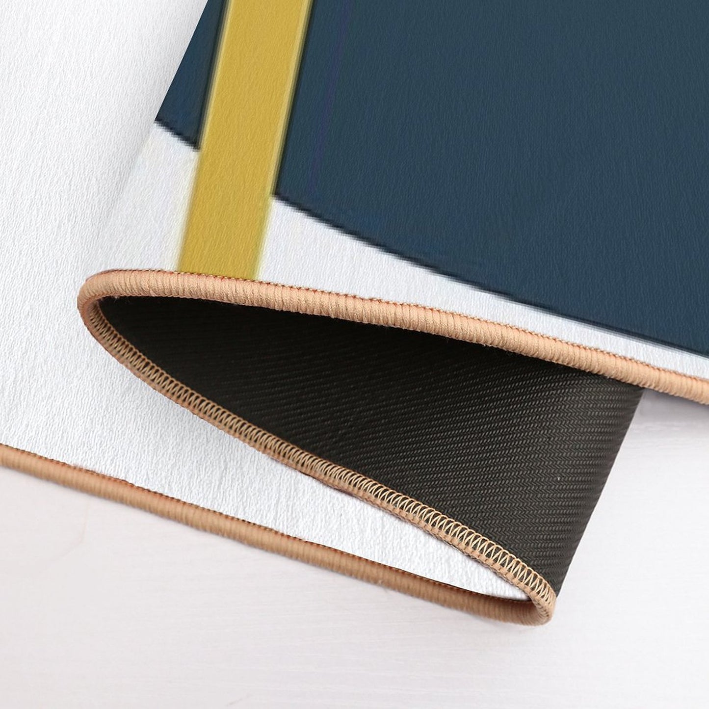 Abstract Geometric Minimalist Navy Blue, Light Mustard Yellow, And White Bath Mat