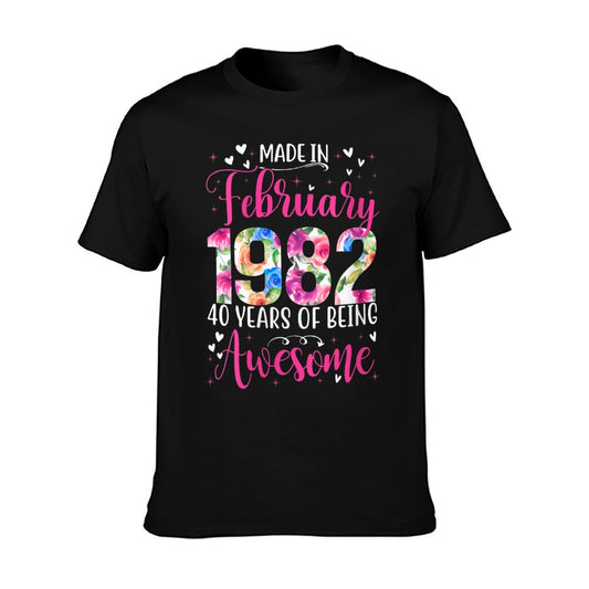 Womens 40th Birthday Floral Gift for Womens Born in February 1982  Cotton T-Shirt