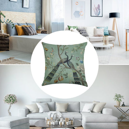 A Teal of Two Birds Chinoiserie Linen Throw Pillow Cover