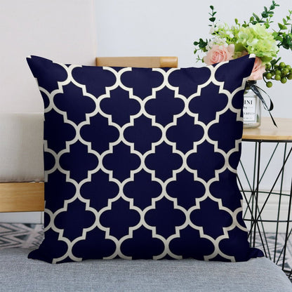 Navy Blue Quatrefoil Pattern Linen Throw Pillow Cover