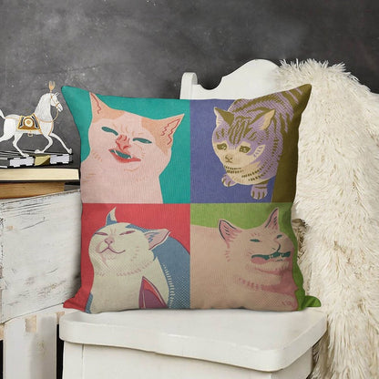 Four Meme Cats of The Apocalypse Linen Throw Pillow Cover