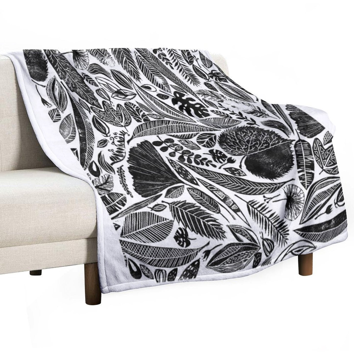 Mixed Leaves, Lino Cut Printed Nature Inspired Hand Printed Pattern Throw Blanket