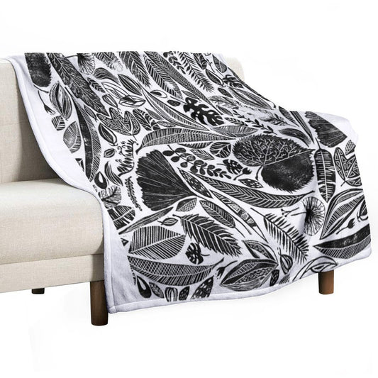 Mixed Leaves, Lino Cut Printed Nature Inspired Hand Printed Pattern Throw Blanket
