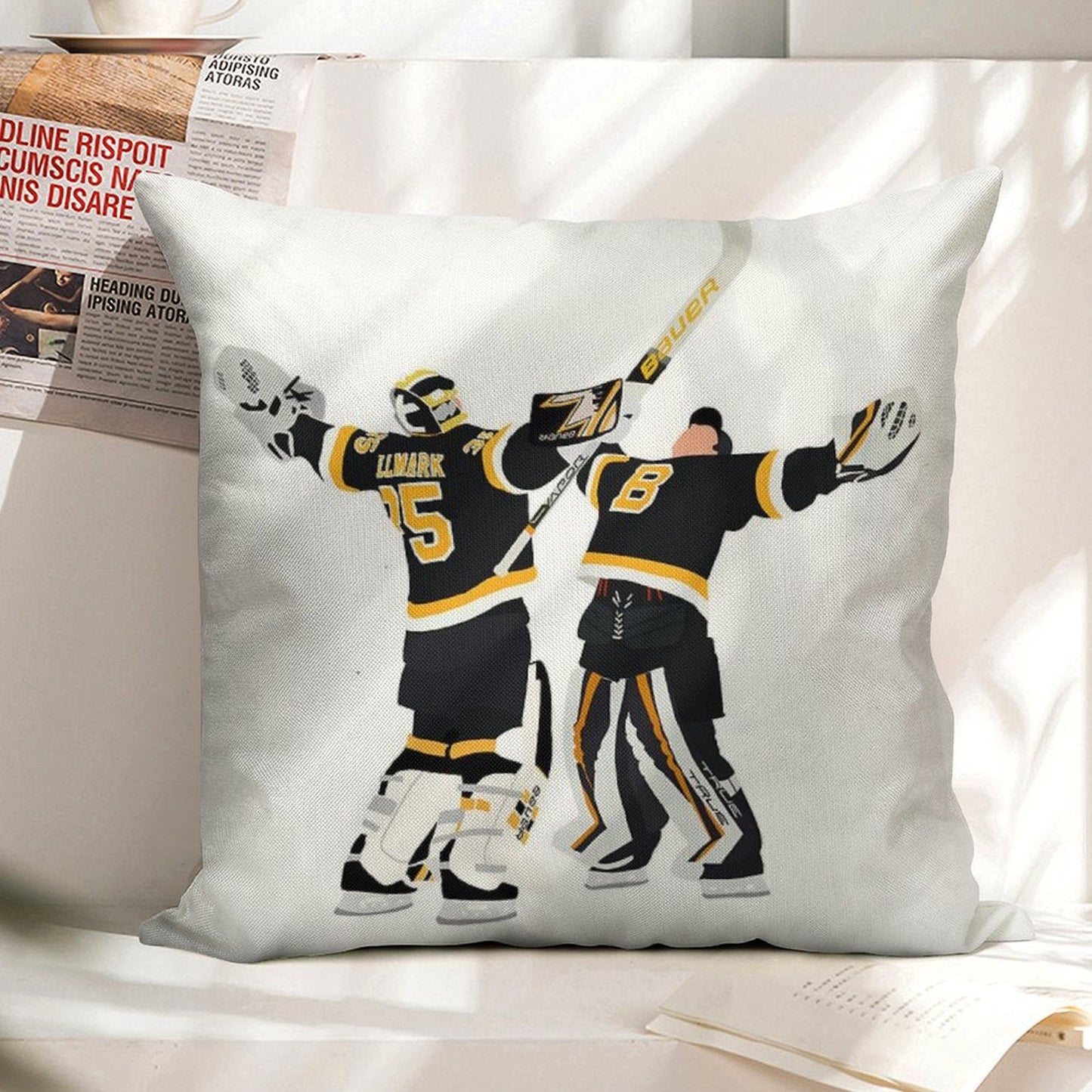 Jeremy Swayman And Linus Ullmark Hug Linen Throw Pillow Cover