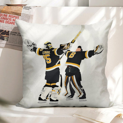 Jeremy Swayman And Linus Ullmark Hug Linen Throw Pillow Cover