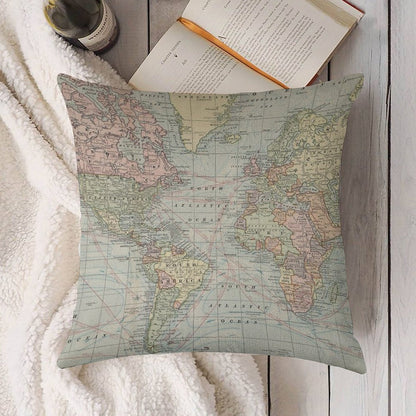 Vintage World Map Linen Throw Pillow Cover