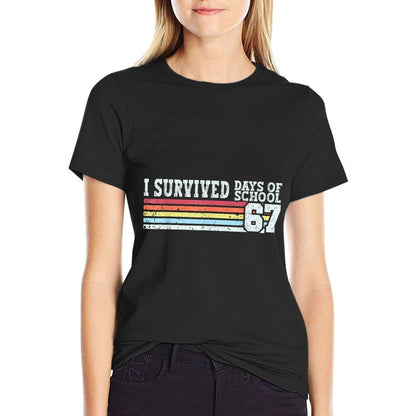 Funny Vintage I Survived 67 Days of School Teachers Students  Rolled Sleeves T-Shirt