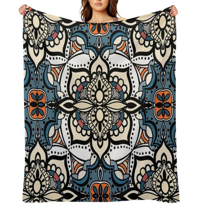 Abstract Renaissance Geometrical Flowers,  Mosaic Floral Fantasy Pattern Throw Blanket