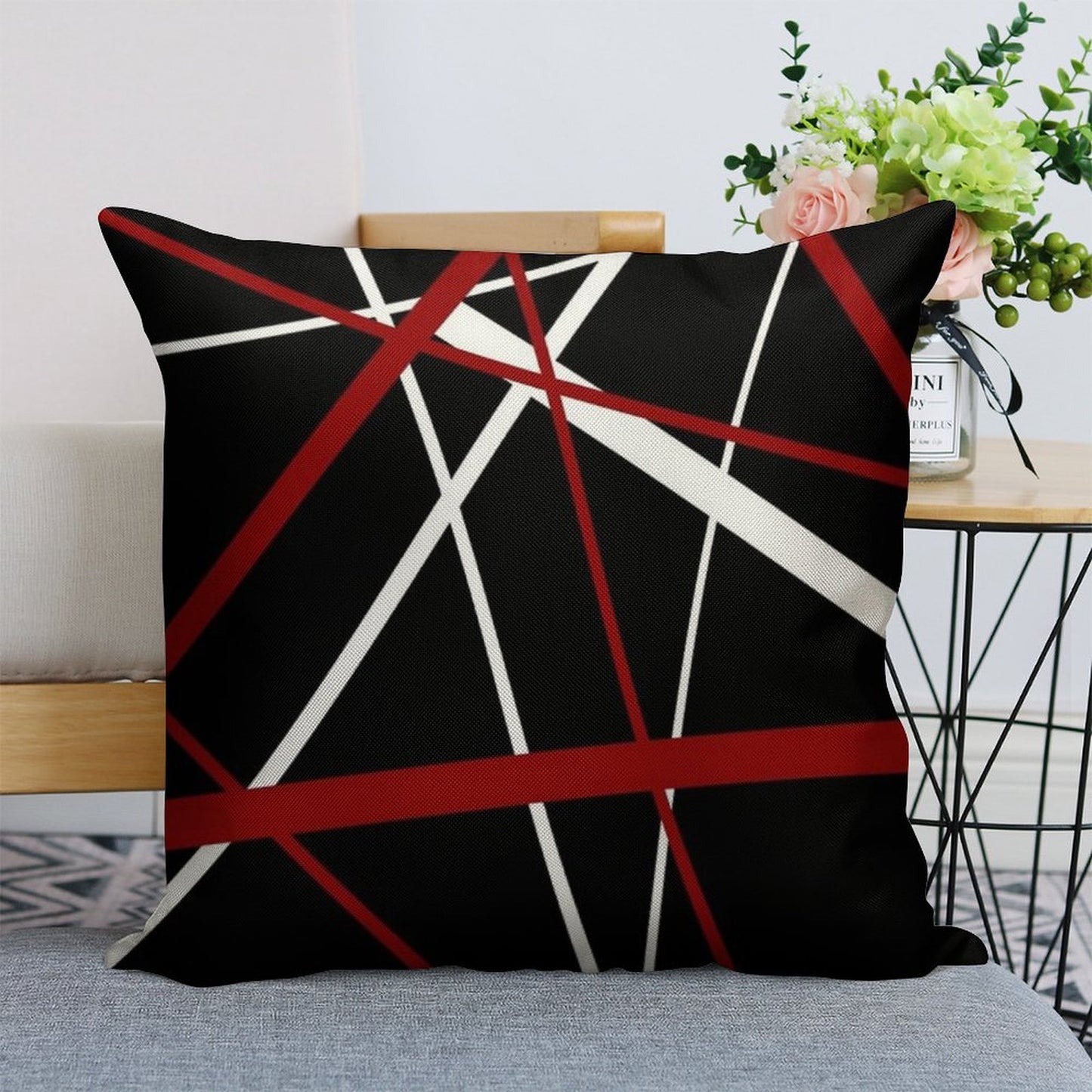 Red And White Strips Against A Black Background Linen Throw Pillow Cover