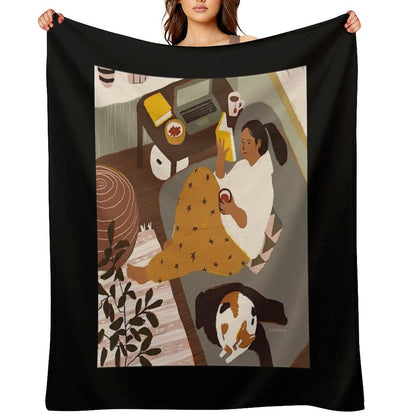 Girl Is Reading A Book at Cozy Home Interior with A Cat Throw Blanket
