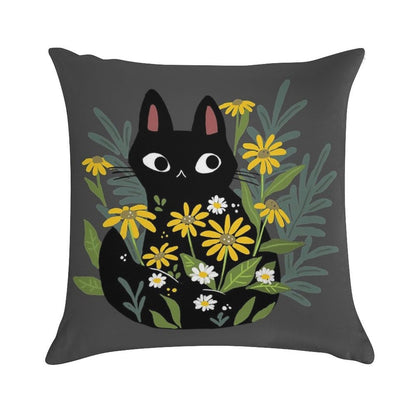 Black Cat with Flowers Soft Fade-Resistant Throw Pillow
