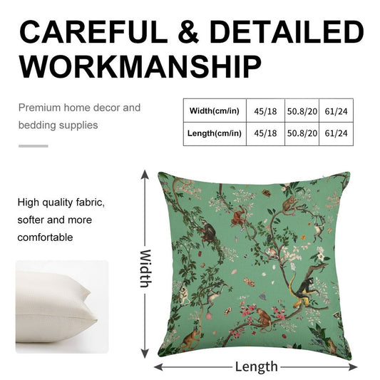 Monkey World Green Linen Throw Pillow Cover