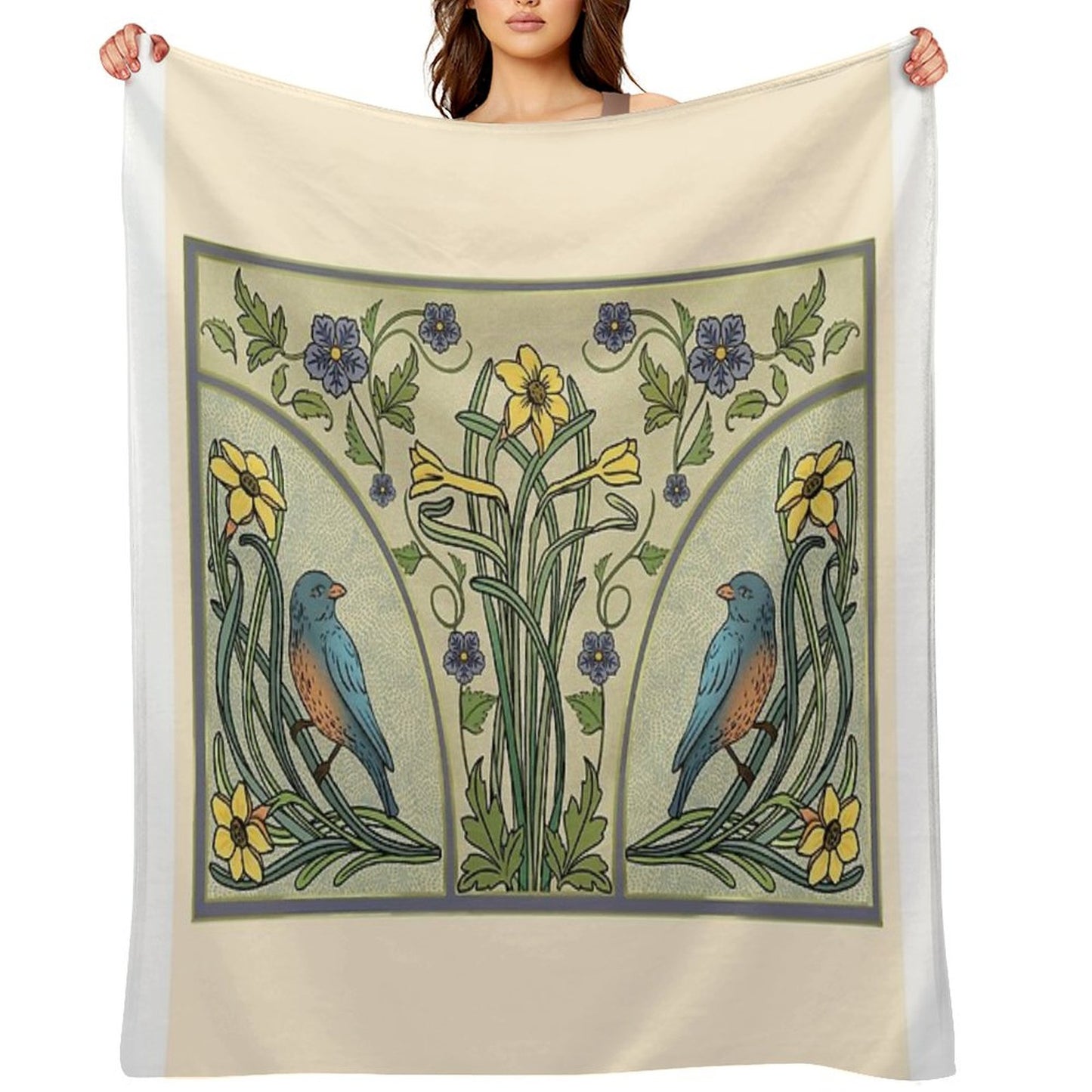 Bluebirds And Spring Blossoms Inspired By Art Nouveau Throw Blanket