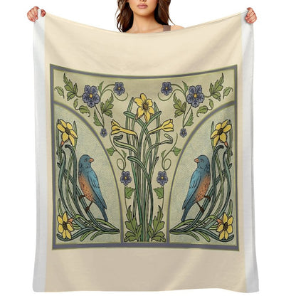 Bluebirds And Spring Blossoms Inspired By Art Nouveau Throw Blanket